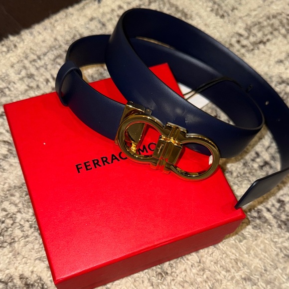 Salvatore Ferragamo Dark Blue Belt with Gold Buckle 90